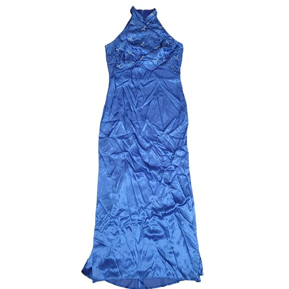 Jessica McClintock Gunne Sax Blue Embroidered Satin Halter Maxi Dress Size 11/12 - Picture 1 of 5